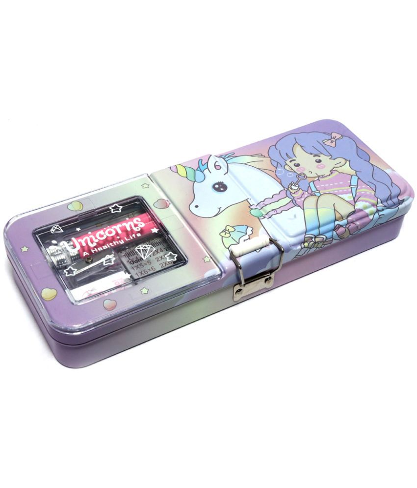     			Villy Metal Wide Pencil Box with Cartoon Design, White Board Marker, Sharpener, Scale, Eraser and Pencil, for Kids