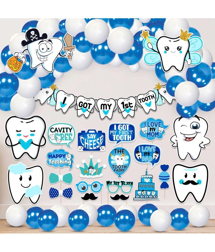     			Zyozi 65 pack I Got My First Tooth Decoration Kit included Cardstock Cutout Photo Booth Banner and Balloons,First Tooth Decoration Items,1st Teeth Decoration Items,Rice Ceremony Decoration (Blue)