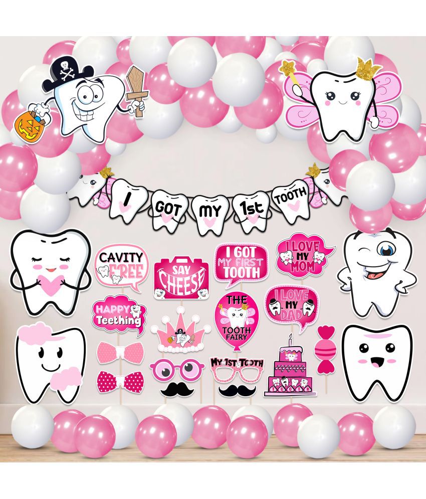     			Zyozi 65 pack I Got My First Tooth Decoration Kit included Cardstock Cutout Photo Booth Banner and Balloons,First Tooth Decoration Items,1st Teeth Decoration Items,Rice Ceremony Decoration (Pink)