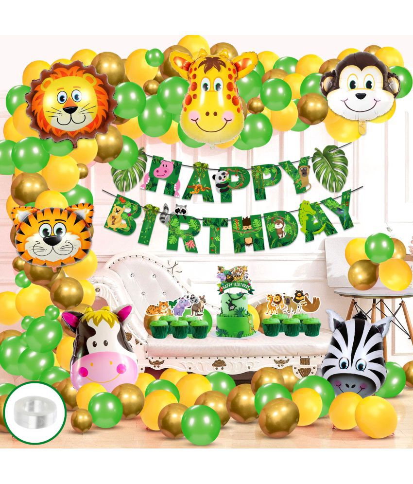     			Zyozi Jungle Safari Happy Birthday Decoration Kids,Animal Birthday Party Decoration Banner with Balloons, Cake Topper,Cup Cake Topper and Foil Balloons for Boy Birthday(Pack of 89) (Jungle Combo 1)