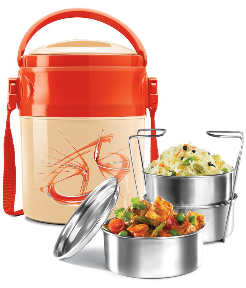     			Milton Odyssey Insulated Tiffin, 3 Stainless Steel Containers, 380 ml Each and 1 Papad Box, 200 ml, Ivory