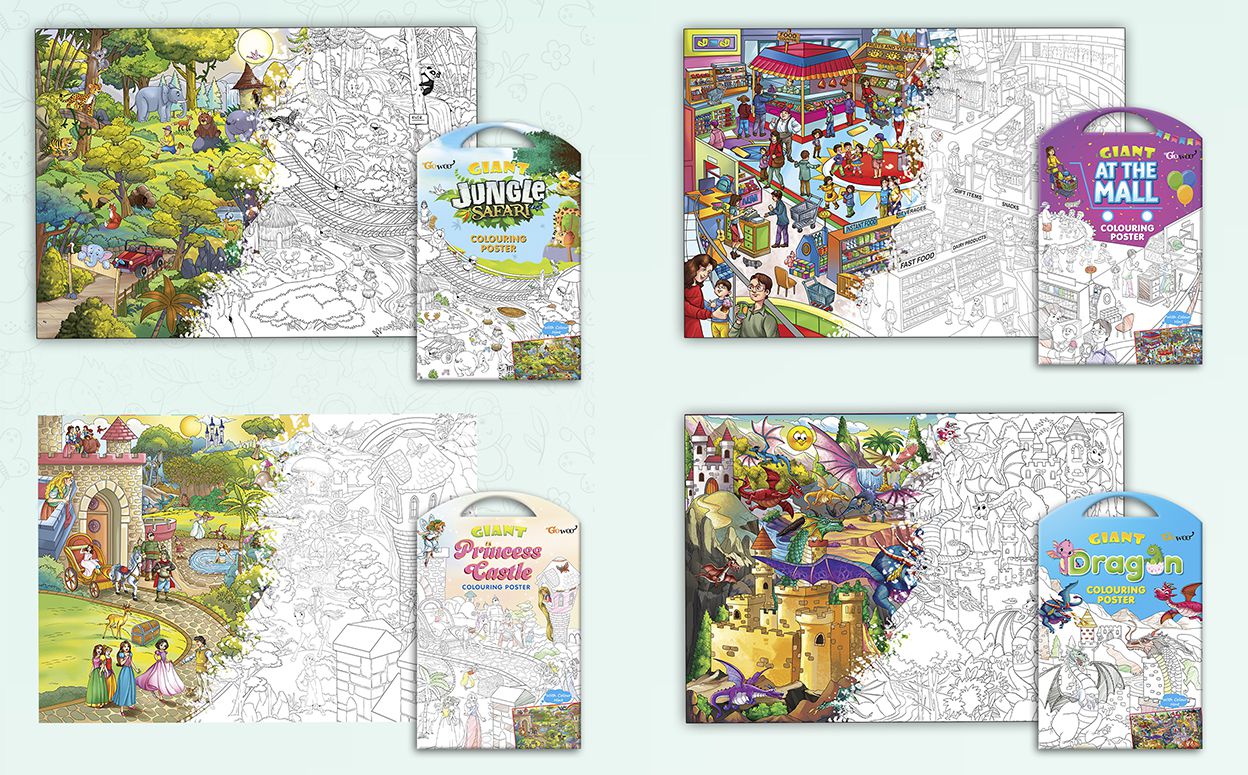     			GIANT JUNGLE SAFARI COLOURING POSTER, GIANT AT THE MALL COLOURING POSTER, GIANT PRINCESS CASTLE COLOURING POSTER and GIANT DRAGON COLOURING POSTER | Combo of 4 Posters I kids giant posters to color
