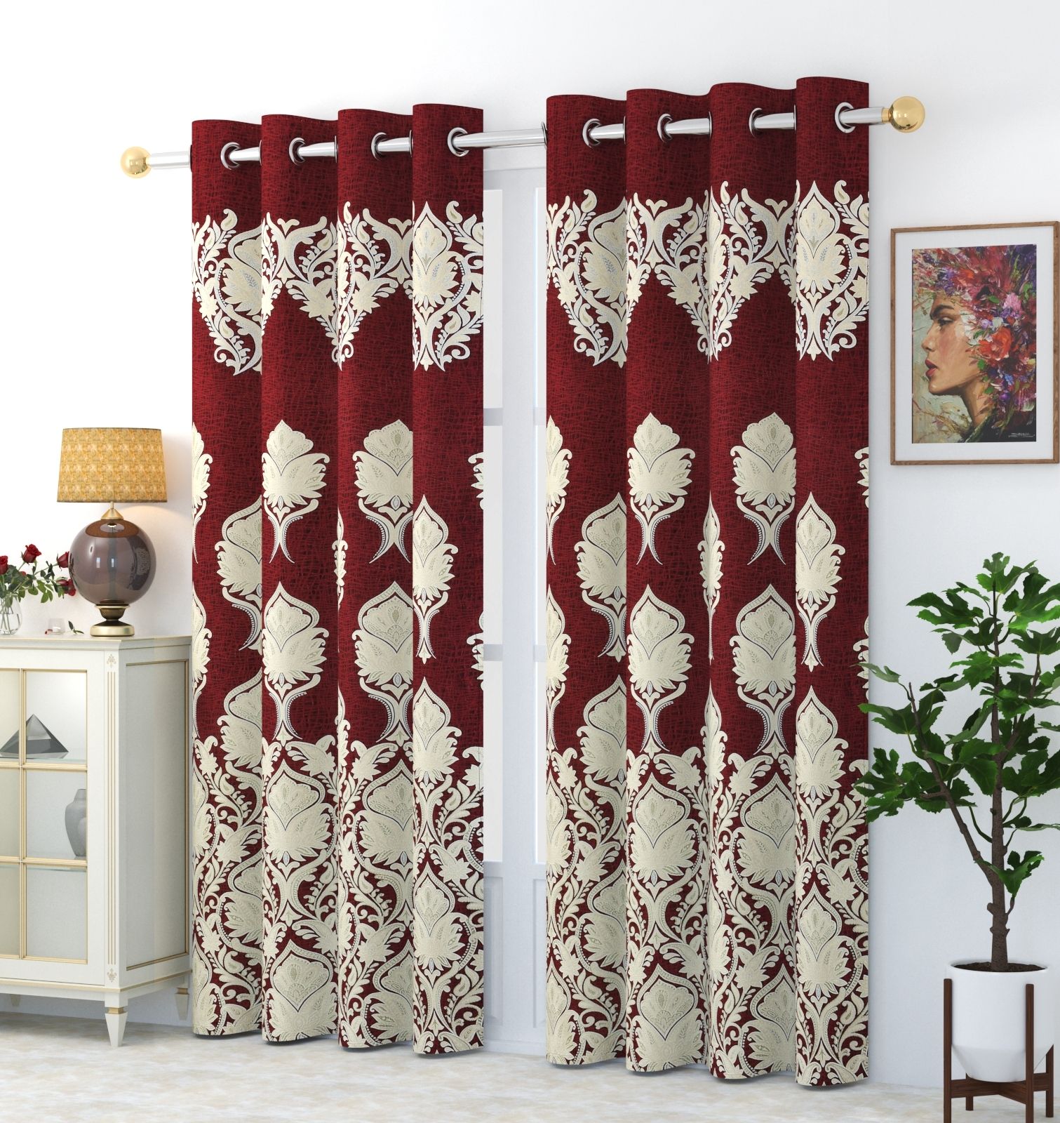     			FURNISHING HUT Ethnic Blackout Eyelet Curtain 5 ft ( Pack of 2 ) - Maroon