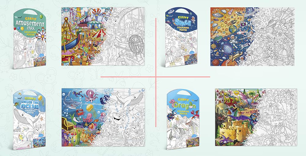     			GIANT AMUSEMENT PARK COLOURING POSTER, GIANT SPACE COLOURING POSTER, GIANT UNDER THE OCEAN COLOURING POSTER and GIANT DRAGON COLOURING POSTER | Combo of 4 Posters I Great for school students and classrooms