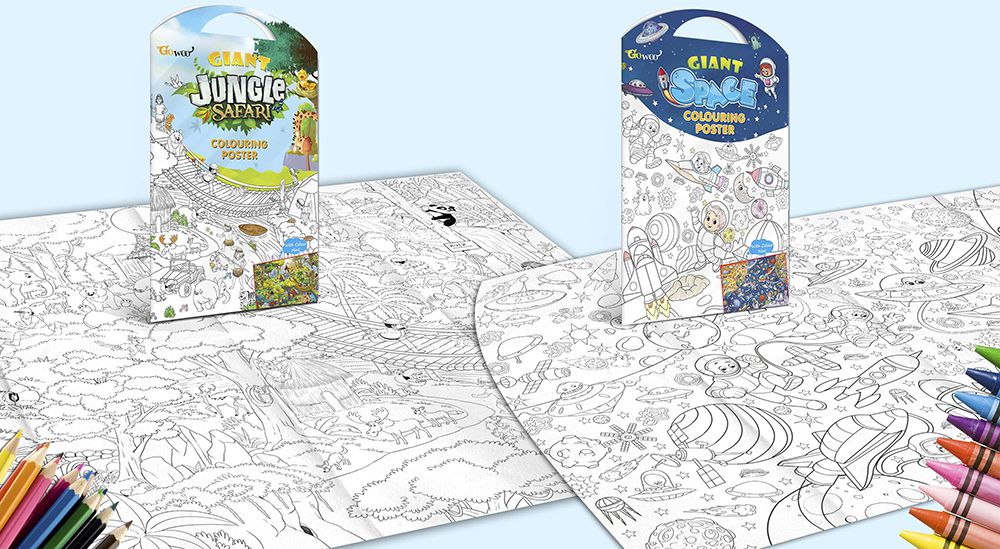     			GIANT JUNGLE SAFARI COLOURING POSTER and GIANT SPACE COLOURING POSTER | Set of 2 Posters I  wall colouring posters