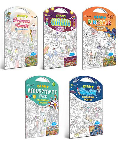     			GIANT PRINCESS CASTLE COLOURING POSTER, GIANT CIRCUS COLOURING POSTER, GIANT DINOSAUR COLOURING POSTER, GIANT AMUSEMENT PARK COLOURING POSTER and GIANT SPACE COLOURING POSTER | Combo of 5 Posters I kids fun activity posters