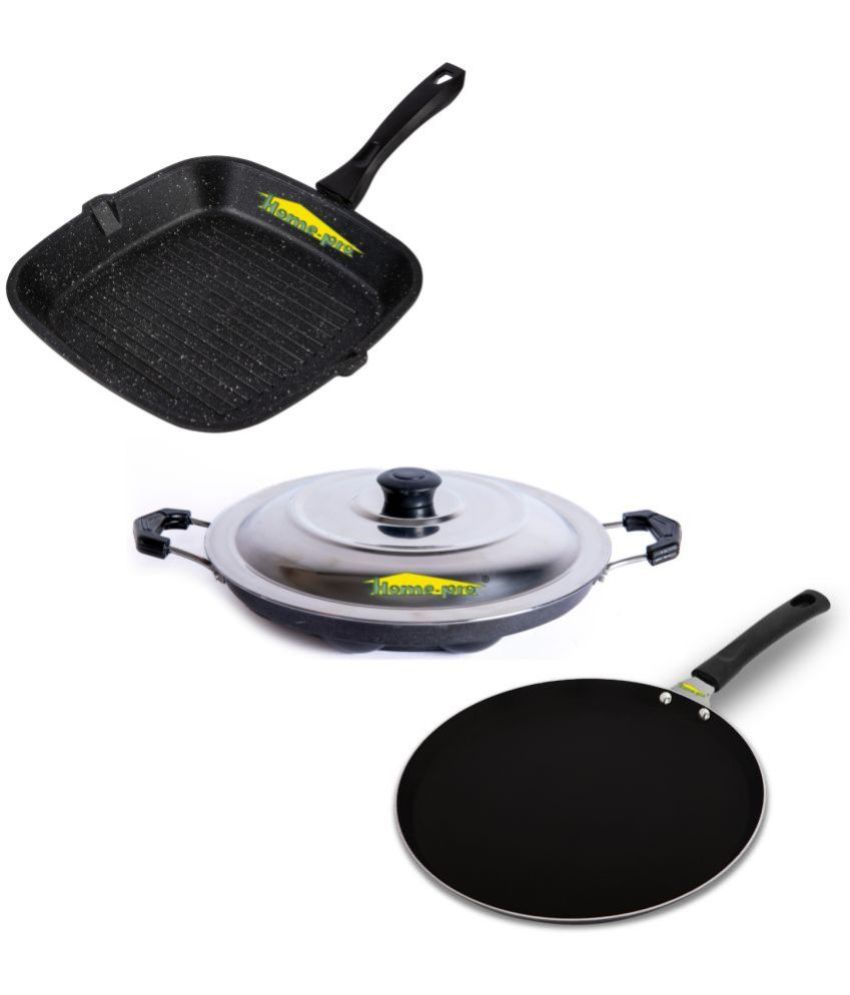     			HomePro Non-Stick Set,Grill Pan 26 cm, Black Dosa Tawa 28 cm. Black Appam with Steel Lid 12 Cavity (Pack of 3)