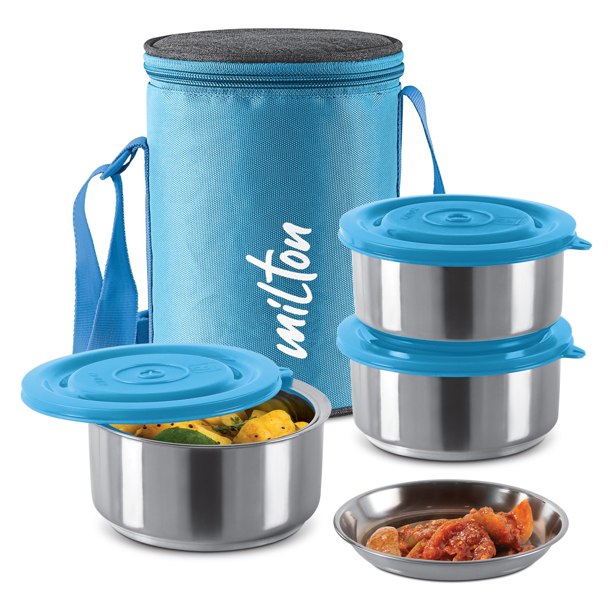     			Milton Ambition 3 Stainless Steel Tiffin, 3 Containers (300 ml Each with Jacket) Blue