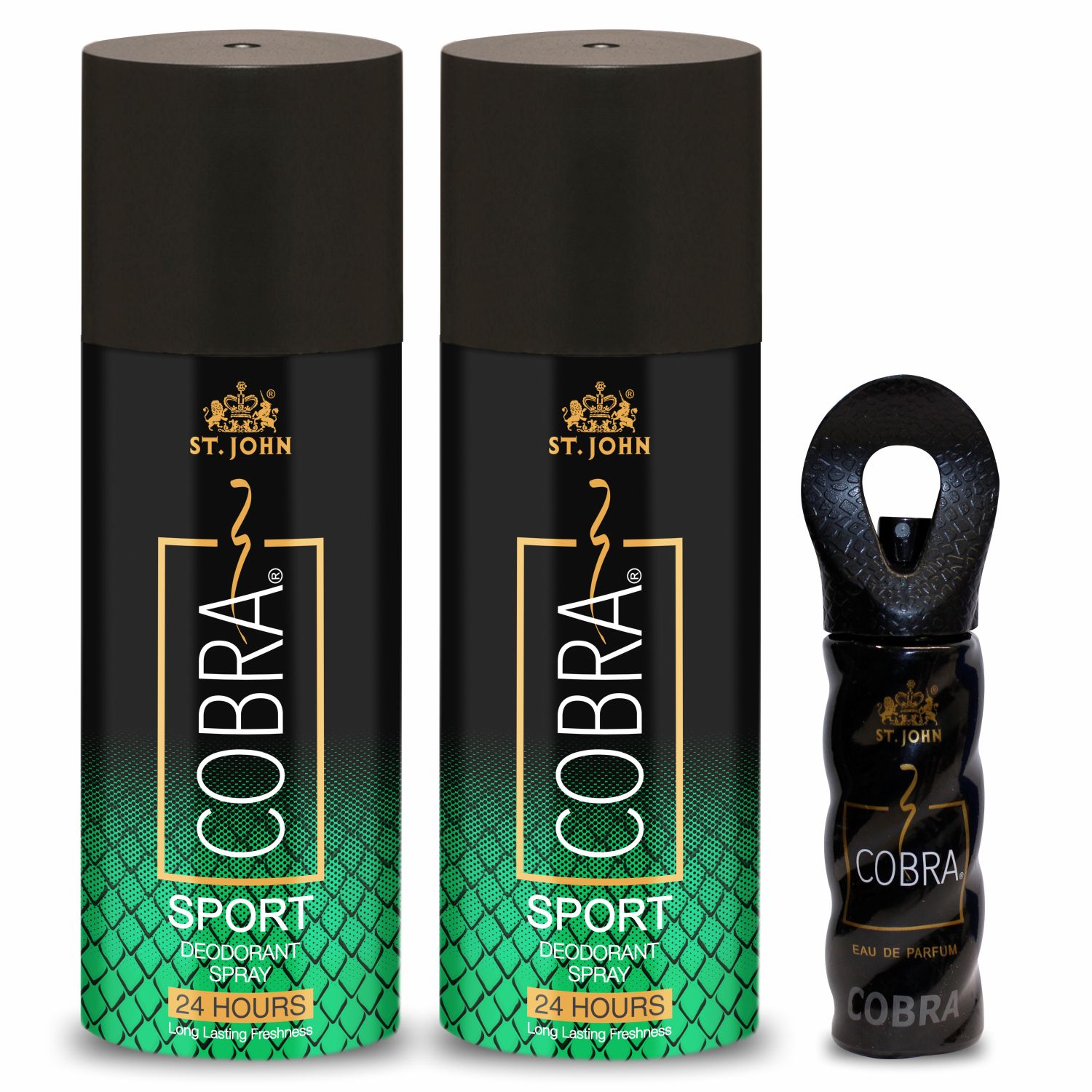     			ST.JOHN Cobra Sport 150ml*2 & 15ml Cobra Deodorant Spray & Perfume for Men (315ml) Pack of 3