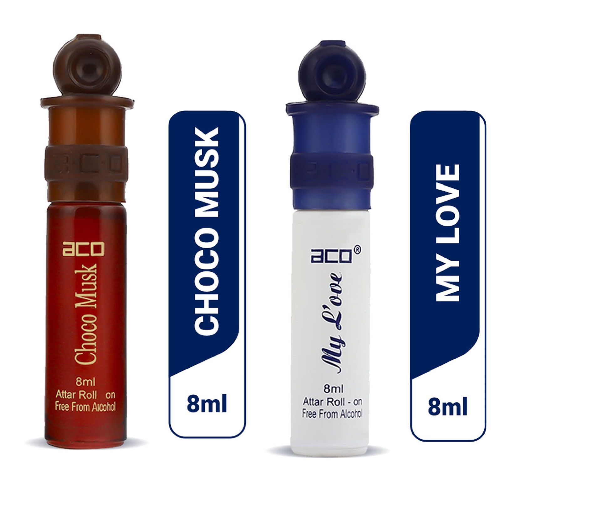     			aco perfumes choco Musk & My love Concentrated  Attar Roll On 8ml COMBO SET