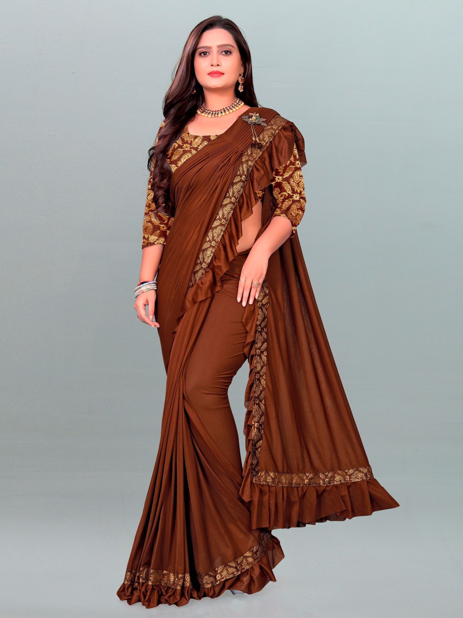     			Apnisha - Brown Lycra Saree With Blouse Piece ( Pack of 1 )