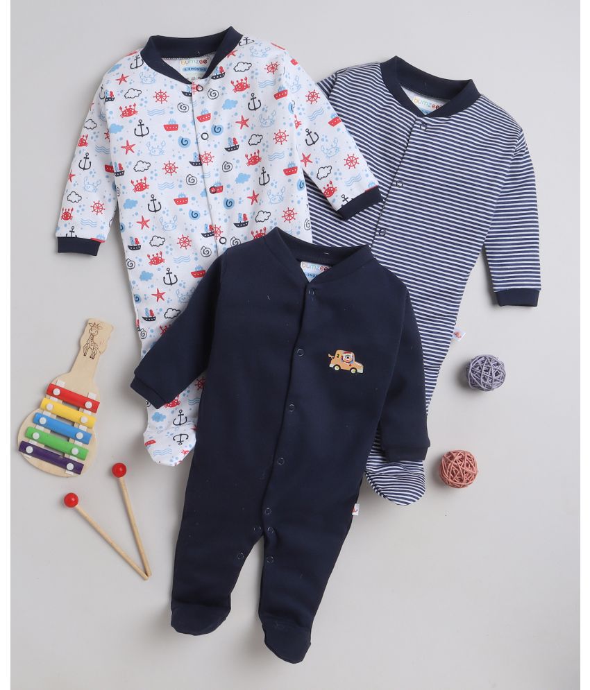     			BUMZEE - Navy Cotton Rompers For Baby Boy ( Pack of 3 )