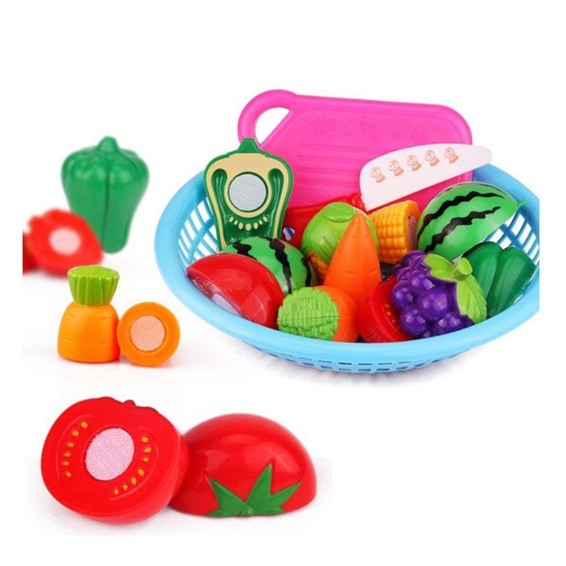     			Fratelli Play Food Realistic Sliceable 13pc Fruits & Vegetables with Cutting Board,Knife and Storage Basket Toy for Kids, Multicolor