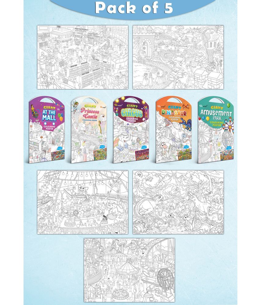     			GIANT AT THE MALL COLOURING POSTER, GIANT PRINCESS CASTLE COLOURING POSTER, GIANT CIRCUS COLOURING POSTER, GIANT DINOSAUR COLOURING POSTER and GIANT AMUSEMENT PARK COLOURING POSTER | Combo pack of 5 Posters I giant posters to colour