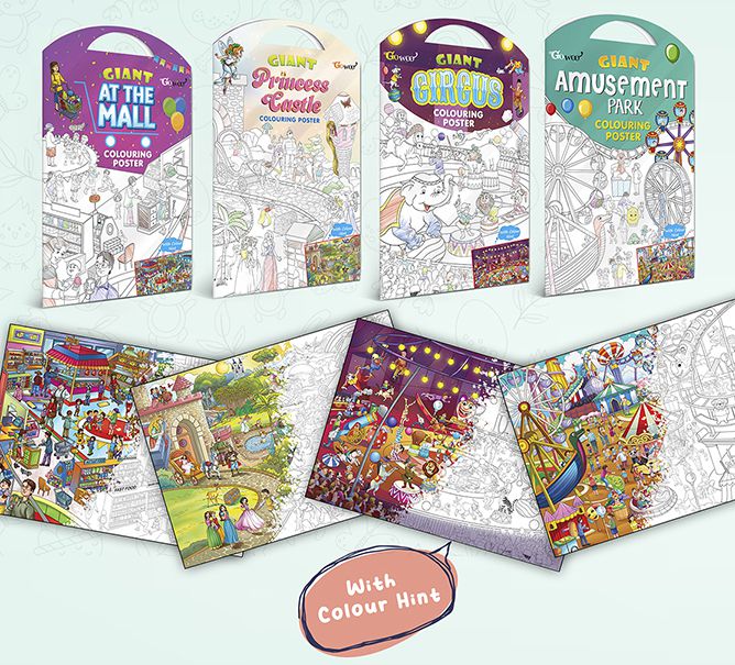     			GIANT AT THE MALL COLOURING POSTER, GIANT PRINCESS CASTLE COLOURING POSTER, GIANT CIRCUS COLOURING POSTER and GIANT AMUSEMENT PARK COLOURING POSTER | Gift Pack of 4 Posters I perfect gift for children
