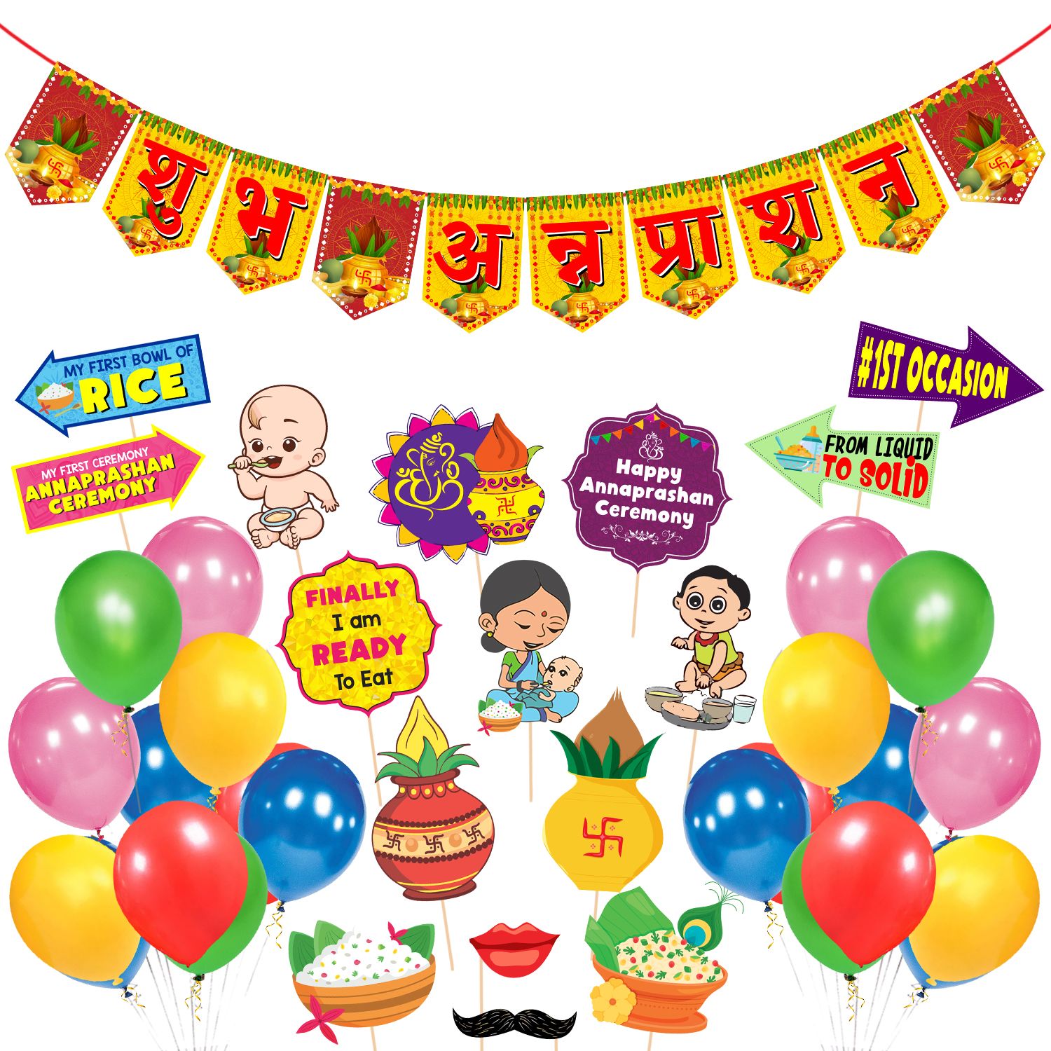     			Zyozi 16 Pcs Annaprasanam Photo Booth Props with Annaprashan Bunting Banner Hindi Font Shubh Annaprashan and 20 pcs Balloon/Annaprashan Decoration Items (Pack of 37)