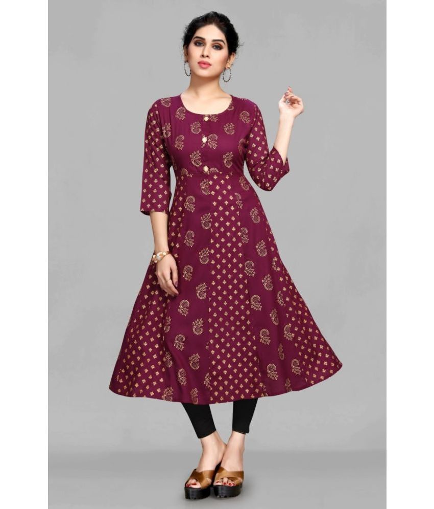     			ASHISH PRINT - Wine Rayon Women's Fit & Flare Dress ( Pack of 1 )