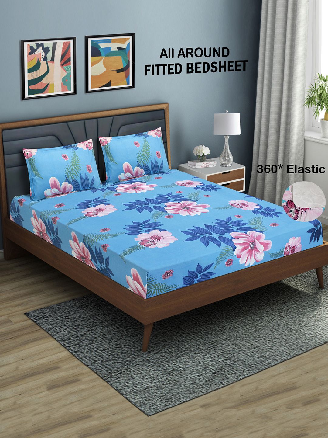     			Home Candy Microfibre Floral 1 Bedsheet with 2 Pillow Covers - Blue