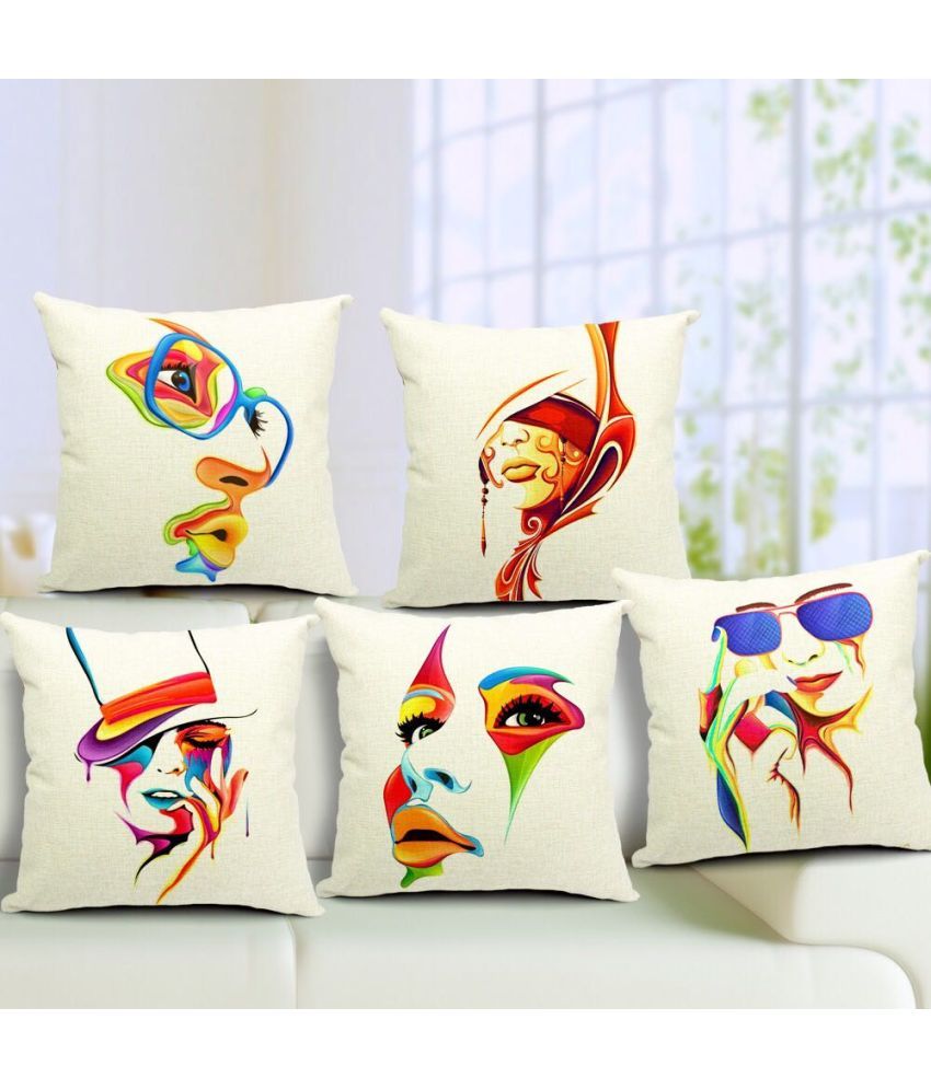     			Home Solution Set of 5 Jute Graphic Square Cushion Cover (40X40)cm - Multi