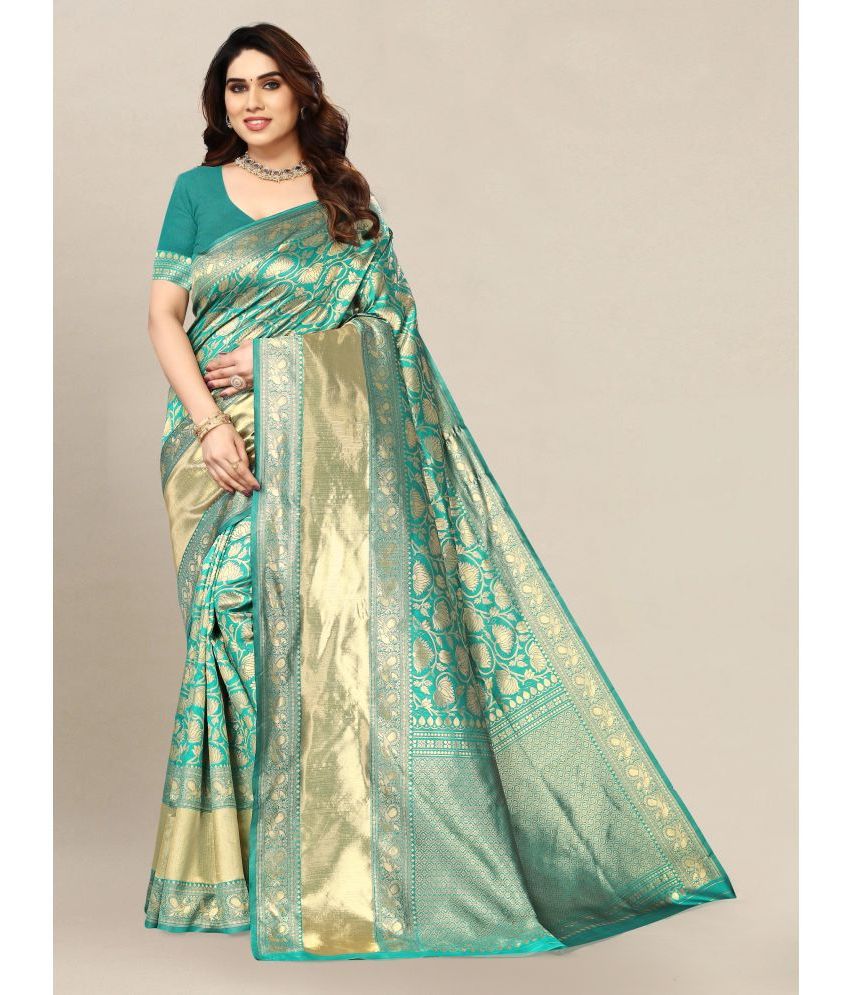     			Om Shantam Sarees - Sea Green Banarasi Silk Saree With Blouse Piece ( Pack of 1 )