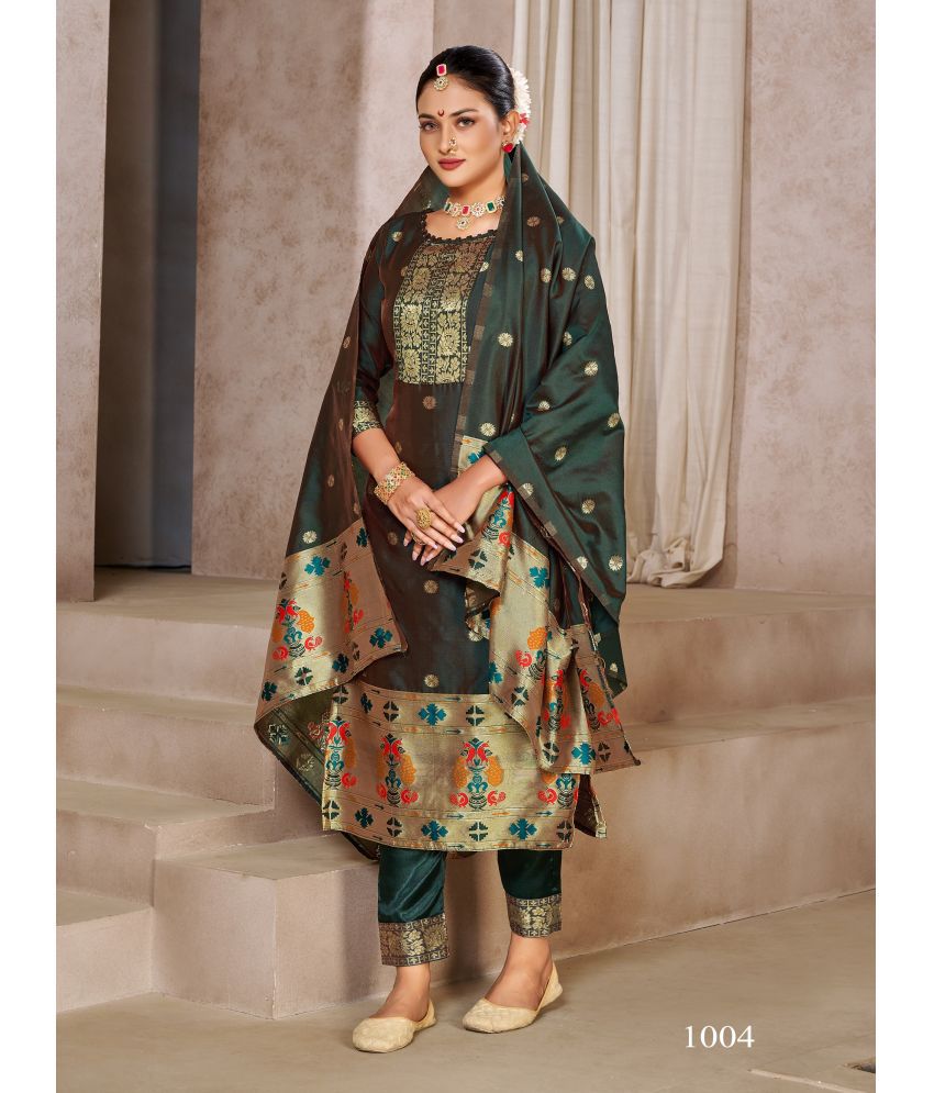     			Royal Palm - Unstitched Green Silk Dress Material ( Pack of 1 )