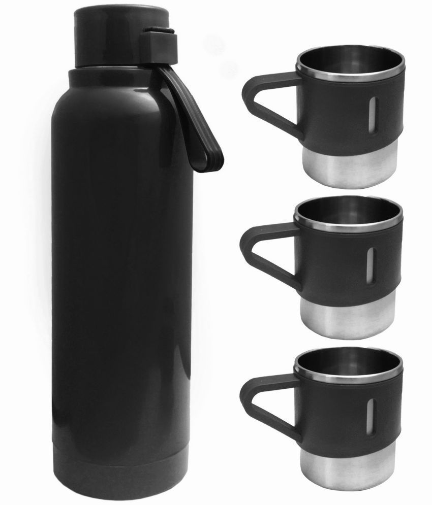     			kk crosi - Double Wall Hot Cold Bottle with 3 Cup Set Black Water Bottle 700 mL ( Set of 4 )