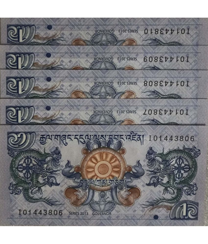     			Hop n Shop - Bhutan 1 Ngultrum Serial 5 Notes UNC 5 Paper currency & Bank notes