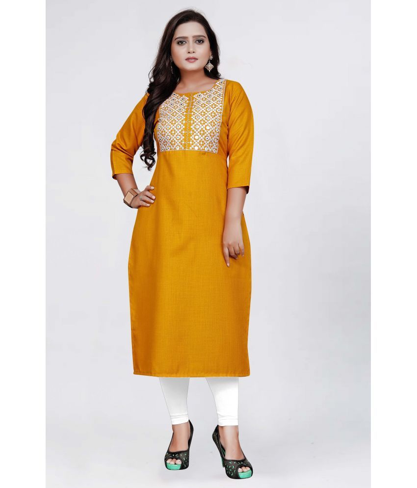     			Jiya Enterprise - Mustard Cotton Blend Women's Straight Kurti ( Pack of 1 )