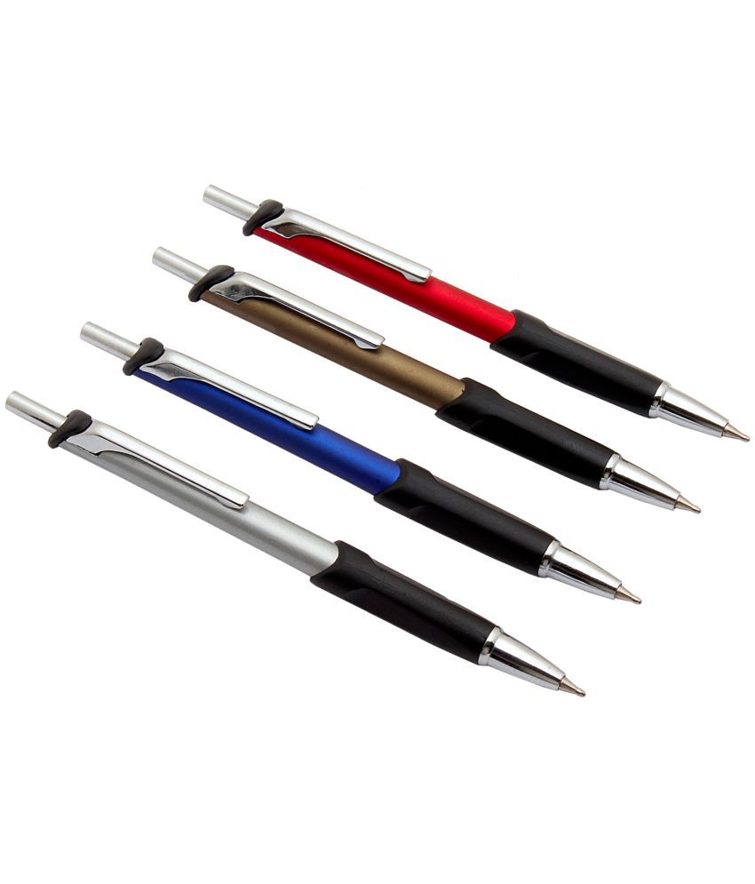     			Srpc Set Of 4 Sleek Mini Metal Body BallPoint Pens chrome trims Blue Refill