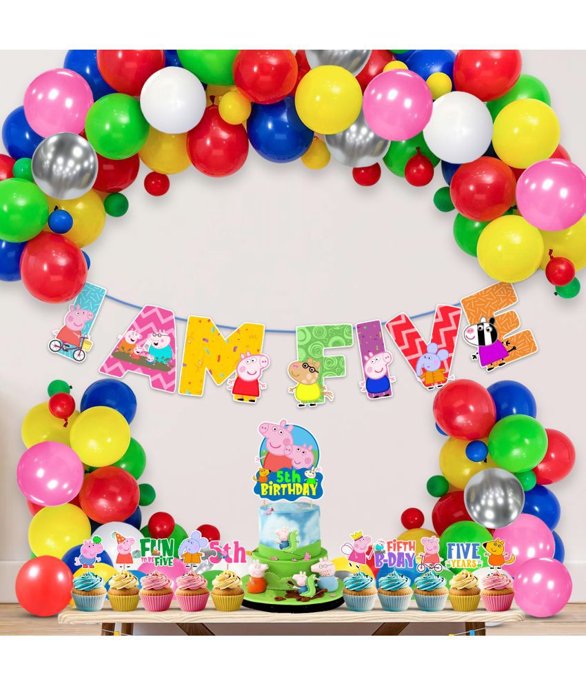     			Zyozi Multicolor Peppa Pig Birthday Party Decorations Combo Include Happy Birthday Banner, Cake Topper, Balloons, Cupcake Toppers, Pig Party Supplies for Kids (Pack of 37) (5th BIRTHDAY)