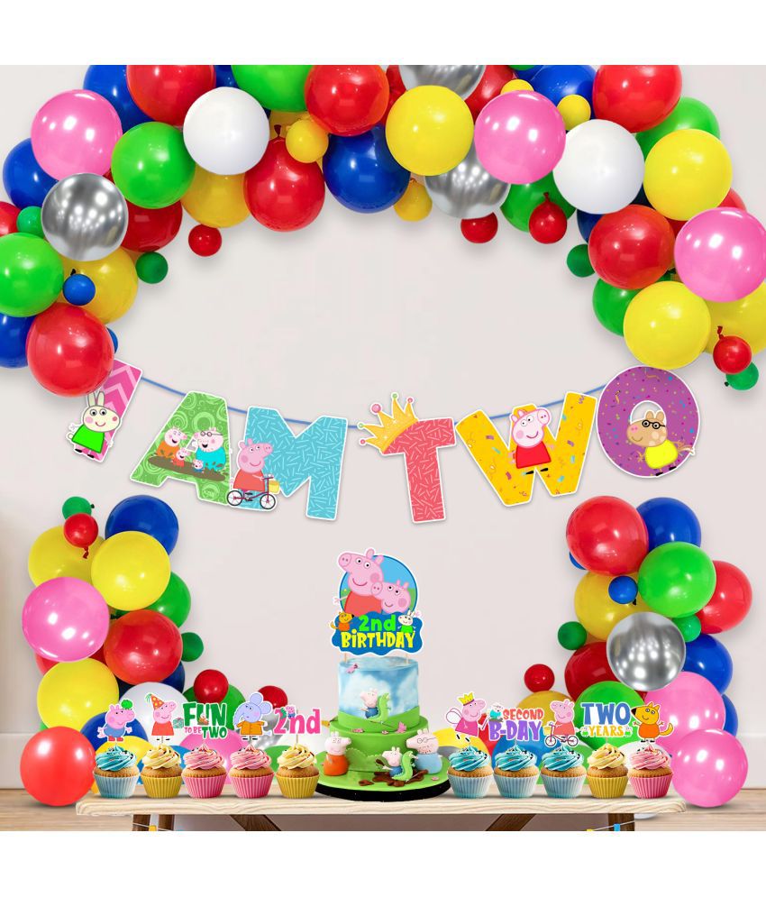     			Zyozi Multicolor Peppa Pig Birthday Party Decorations Combo Include Happy Birthday Banner, Cake Topper, Balloons, Cupcake Toppers, Pig Party Supplies for Kids (Pack of 37) (2nd birthday)