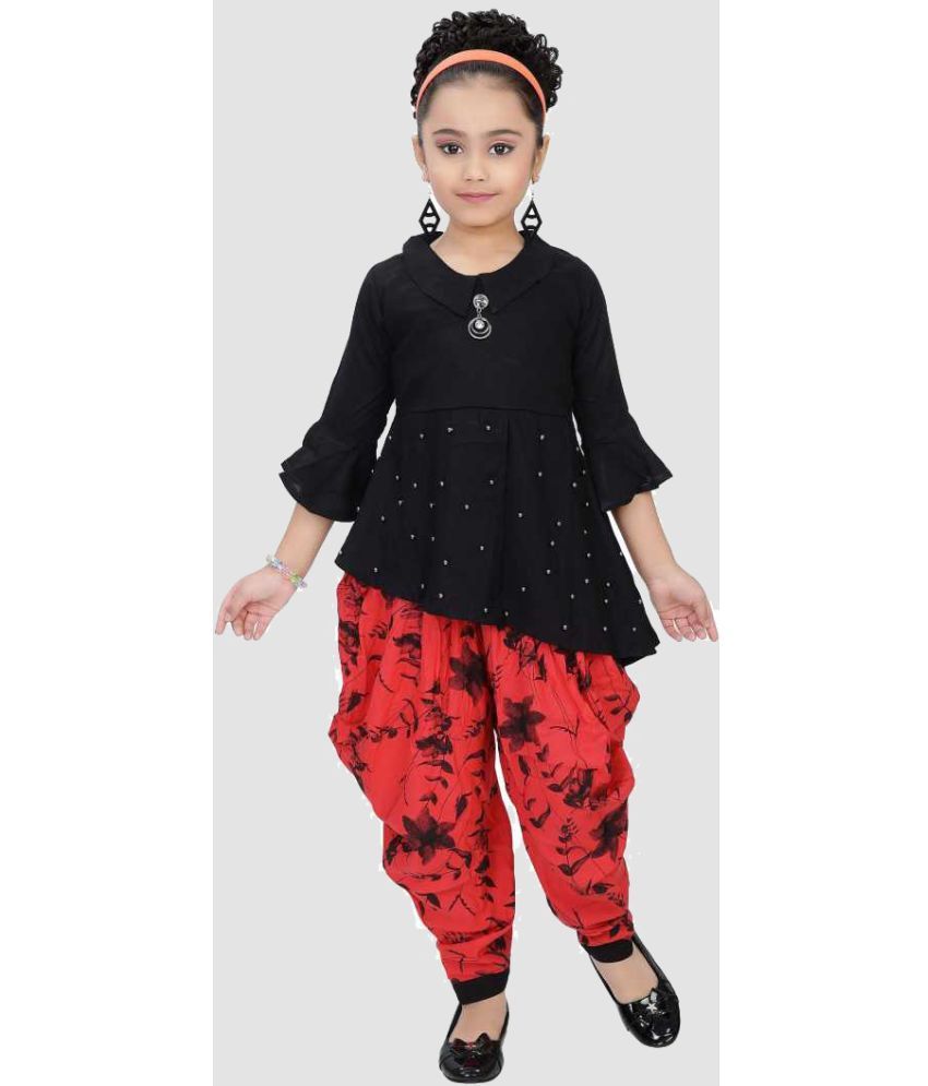     			9stiches - Red Rayon Girls Top With Dhoti ( Pack of 1 )