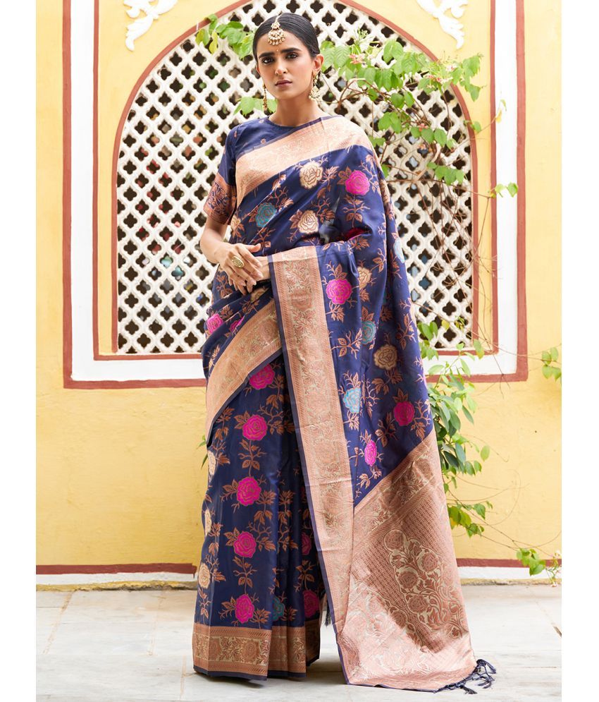     			Janasya - Navy Blue Banarasi Silk Saree With Blouse Piece ( Pack of 1 )