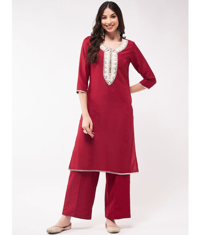     			Pannkh - Red Art Silk Women's Straight Kurti ( Pack of 1 )