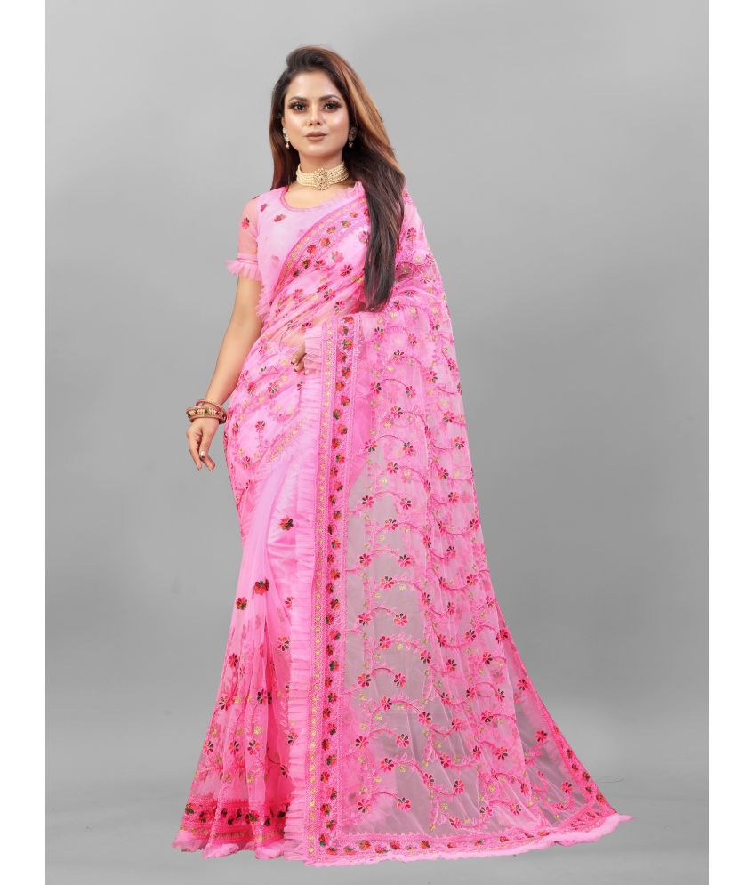     			Apnisha - Pink Net Saree With Blouse Piece ( Pack of 1 )