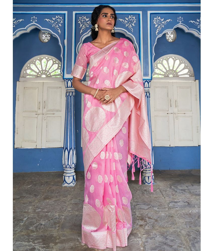     			Janasya - Pink Cotton Saree With Blouse Piece ( Pack of 1 )