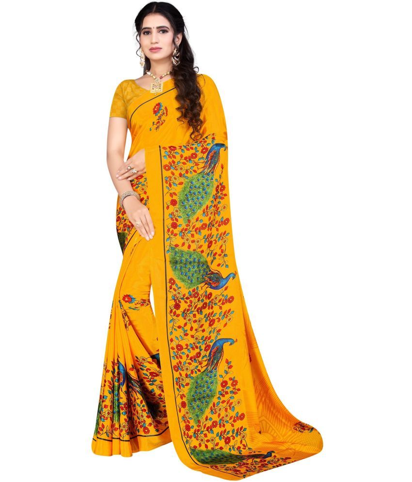     			Vibhagyaa - Yellow Crepe Saree With Blouse Piece ( Pack of 1 )