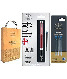 Parker Folio Standard Fountain Stainless Steel Trim Pen With Blue Quink Ink Cartridges (Red+)