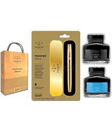 Parker Frontier Gold Fountain Pen with Blue and Black Ink Bottle
