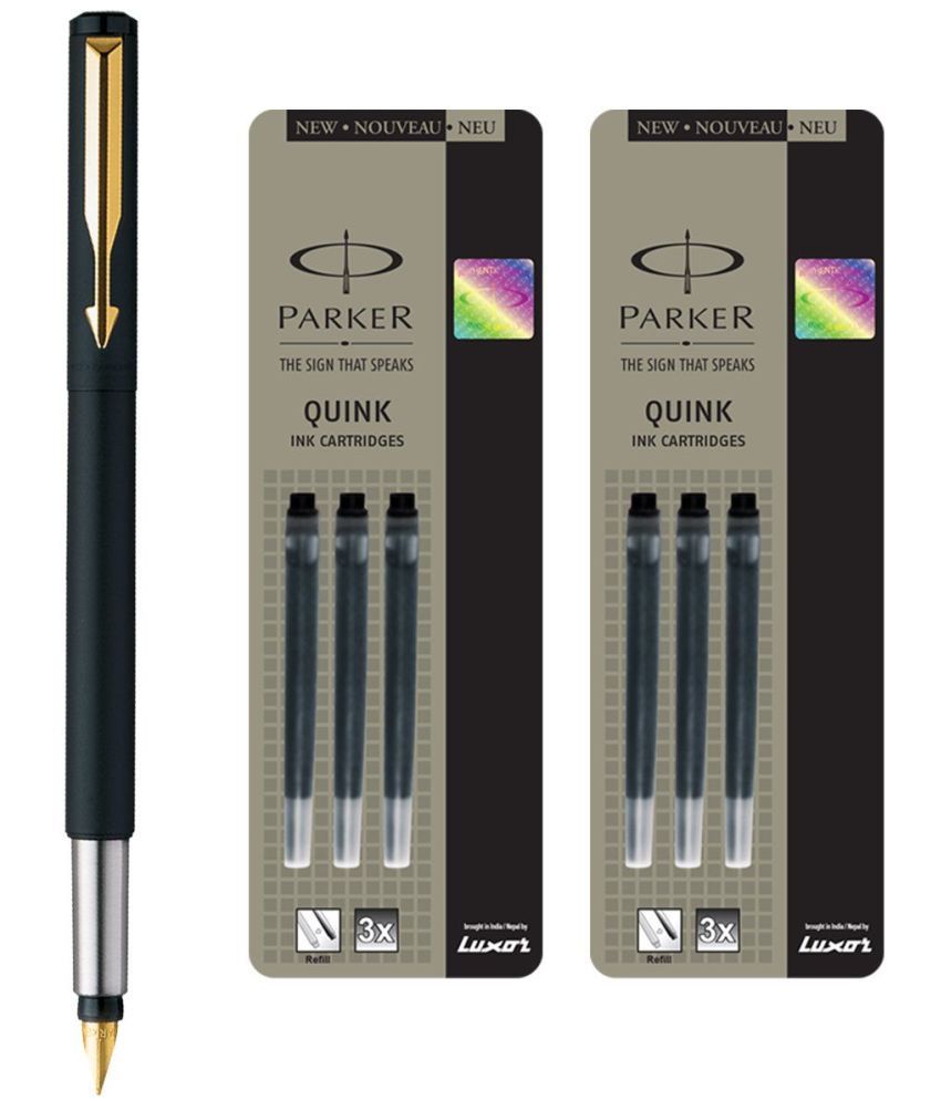     			Parker Vector Matte Black GT Fountain Pen + Quink Ink Cartridge - Black & Blue (Pack of 6)