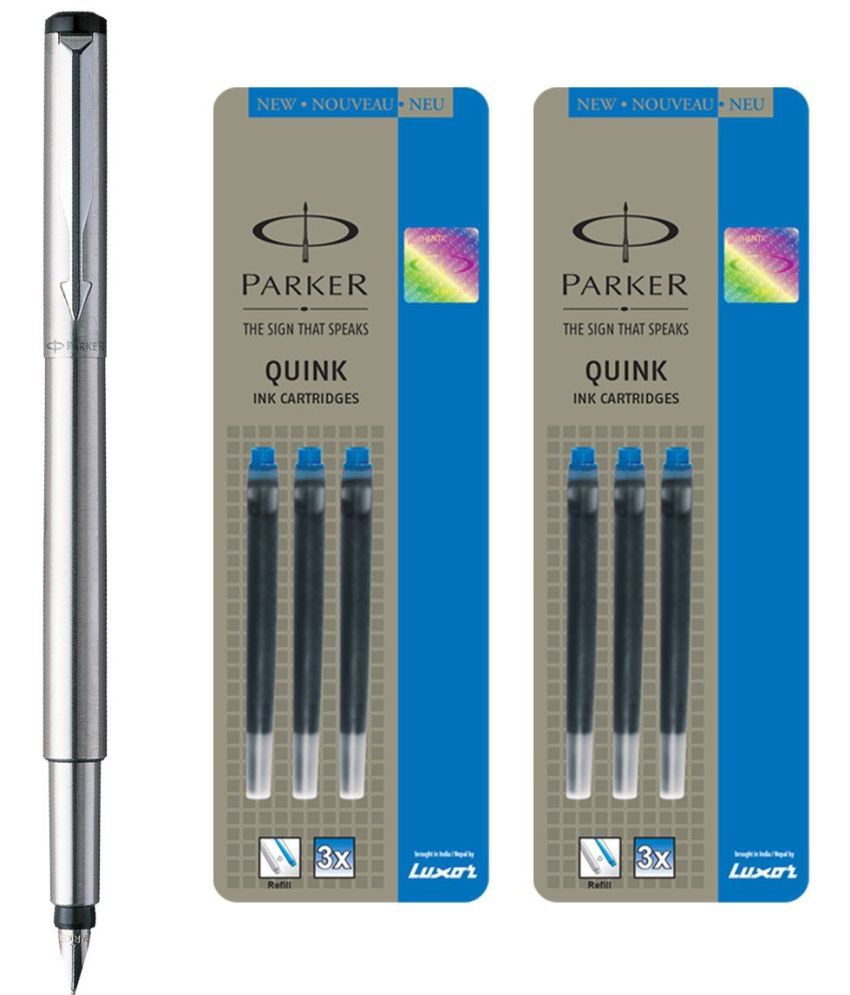     			Parker Vector Stainless Steel CT Fountain Pen + Quink Ink Cartridge - Blue (Pack of 6)