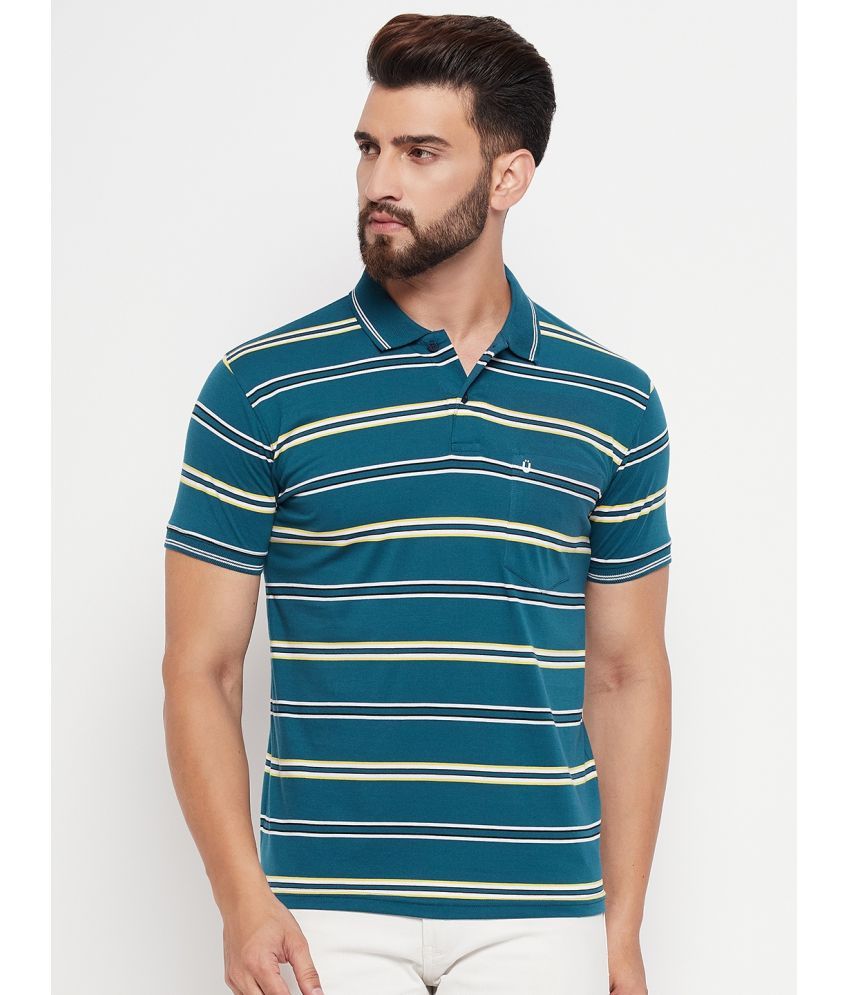     			UNIBERRY Pack of 1 Cotton Blend Regular Fit Striped Half Sleeves Men's Polo T Shirt ( Teal Blue )