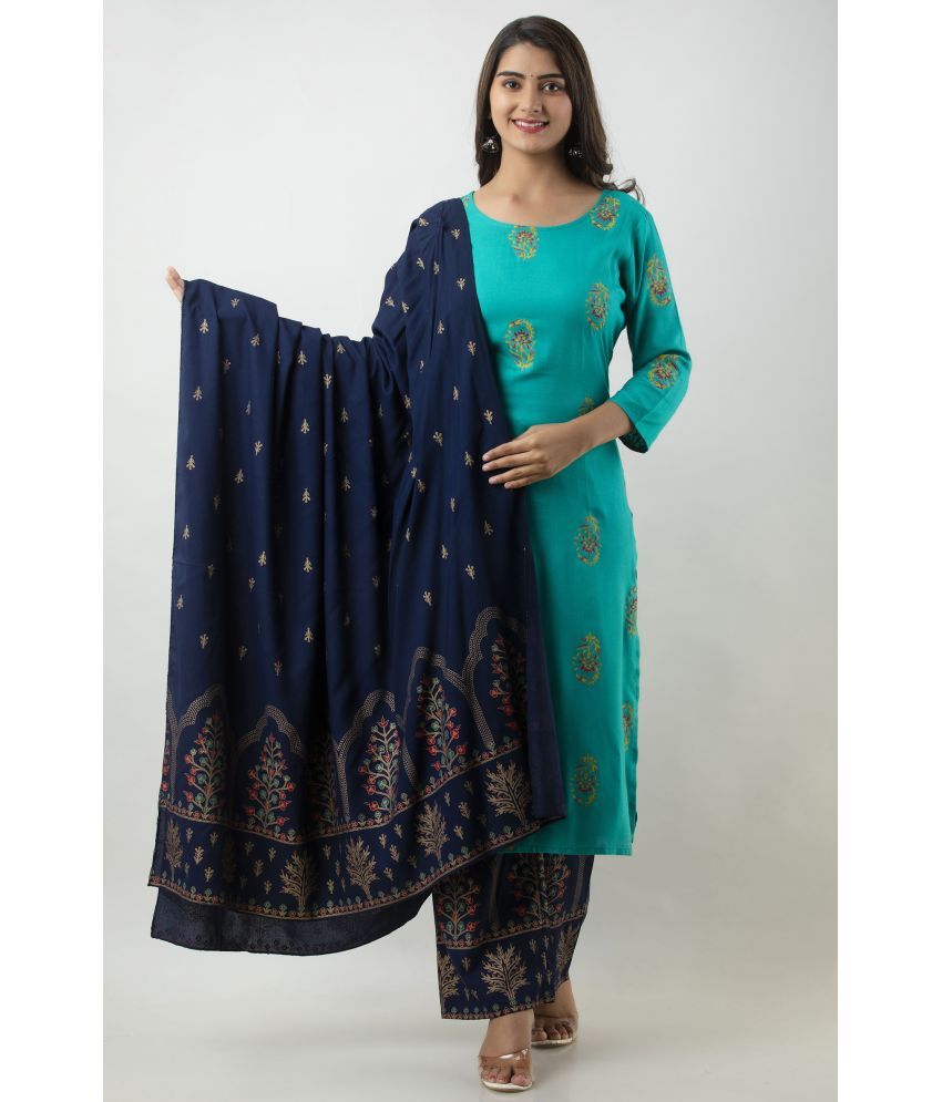     			MAUKA - Turquoise Straight Rayon Women's Stitched Salwar Suit ( Pack of 1 )