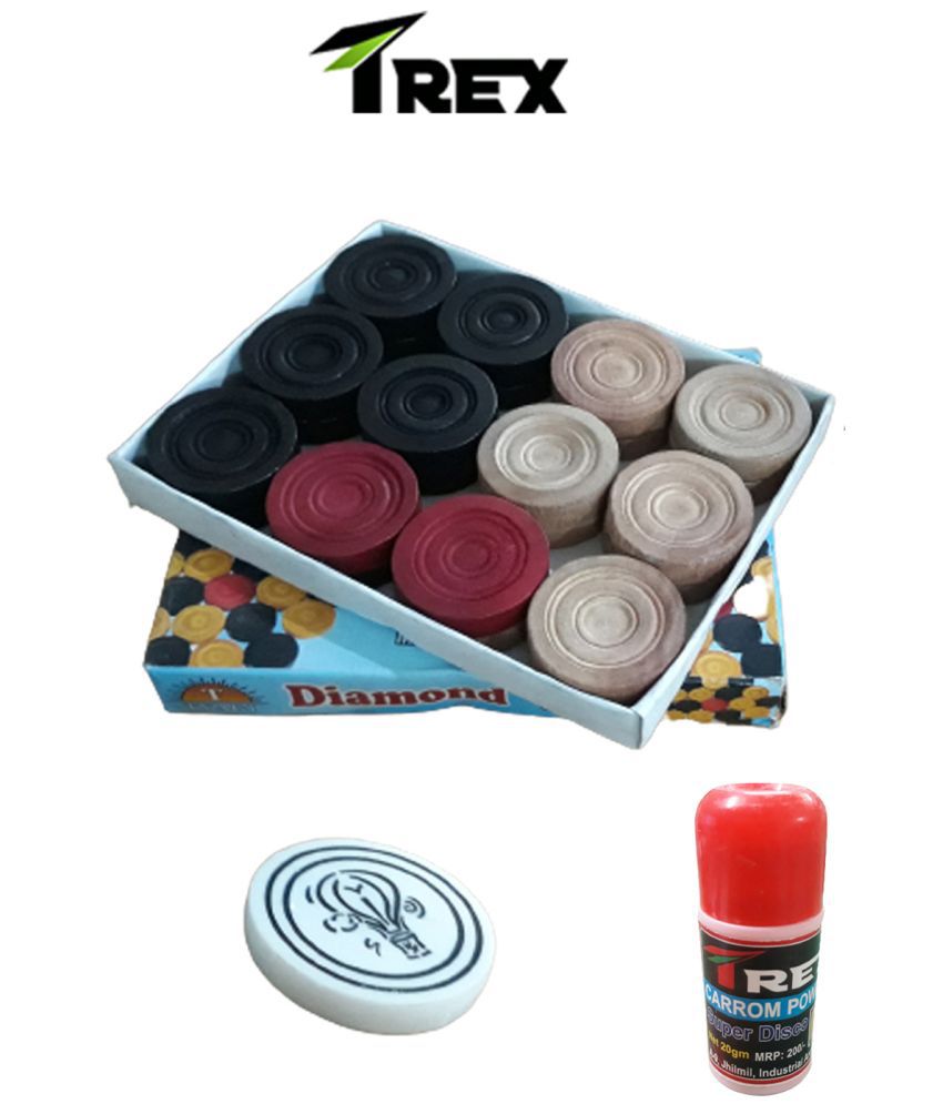     			Trex Carrom Board 8MM Wooden Carrom Coins with Striker & Boric Powder Carrom Pawns (Pack of 24)