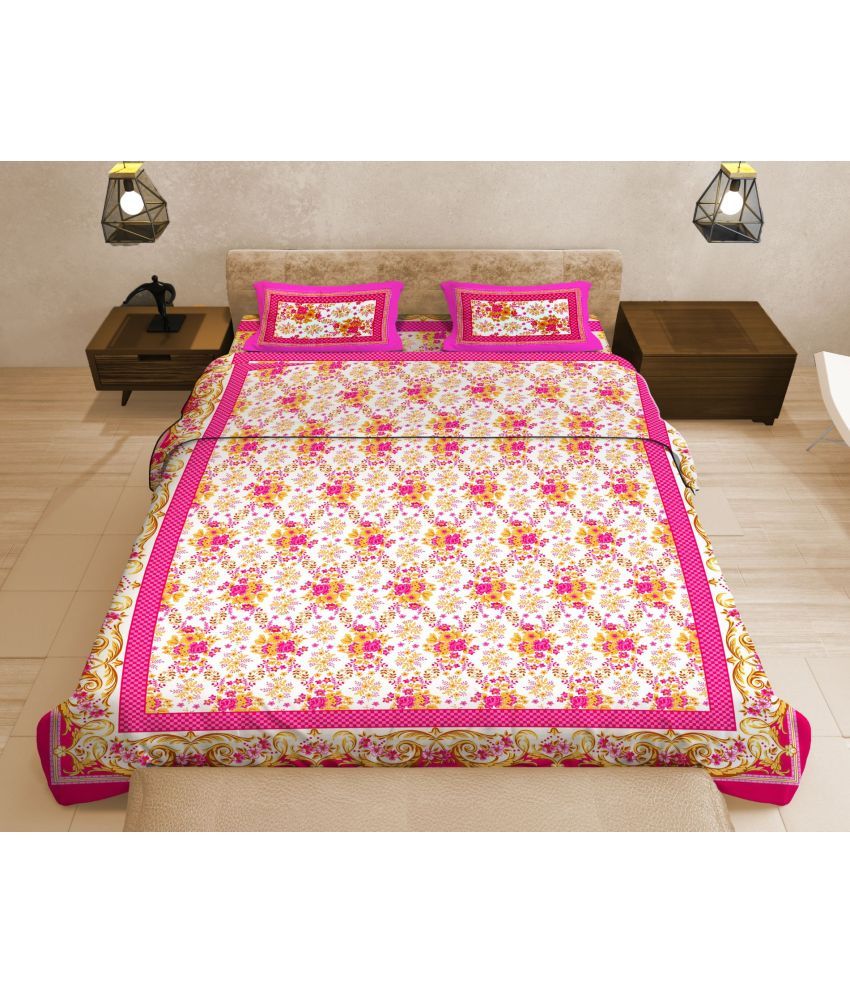     			Uniqchoice Cotton Floral Double Bedsheet with 2 Pillow Covers - Pink