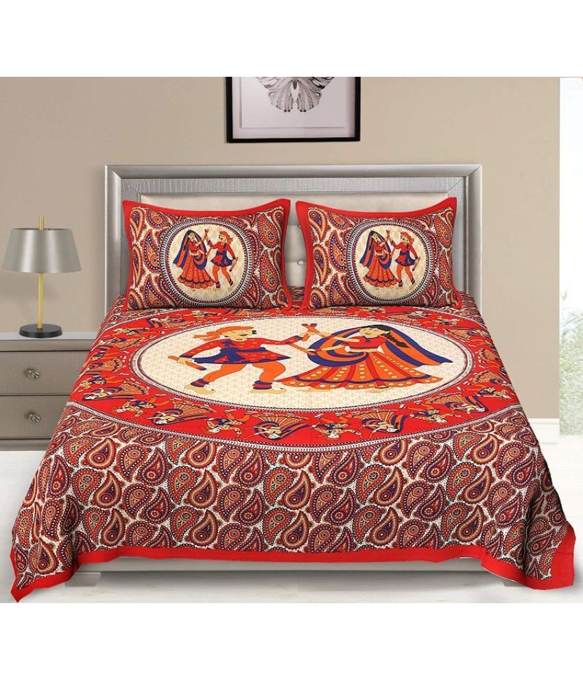     			Uniqchoice Cotton Floral Double Bedsheet with 2 Pillow Covers - Red