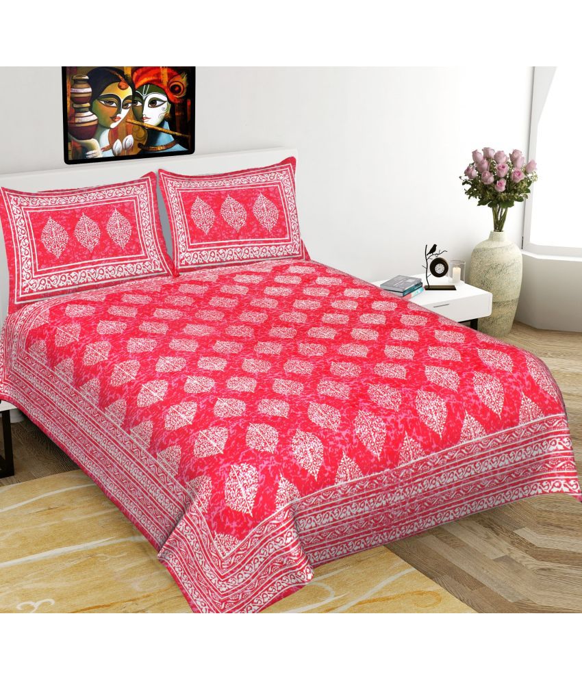     			Uniqchoice Cotton Floral Double Bedsheet with 2 Pillow Covers - Pink
