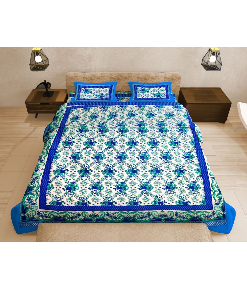     			Uniqchoice Cotton Floral Double Bedsheet with 2 Pillow Covers - Blue