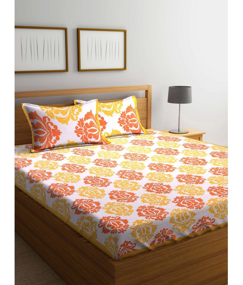     			Uniqchoice Cotton Floral Double Bedsheet with 2 Pillow Covers - Yellow