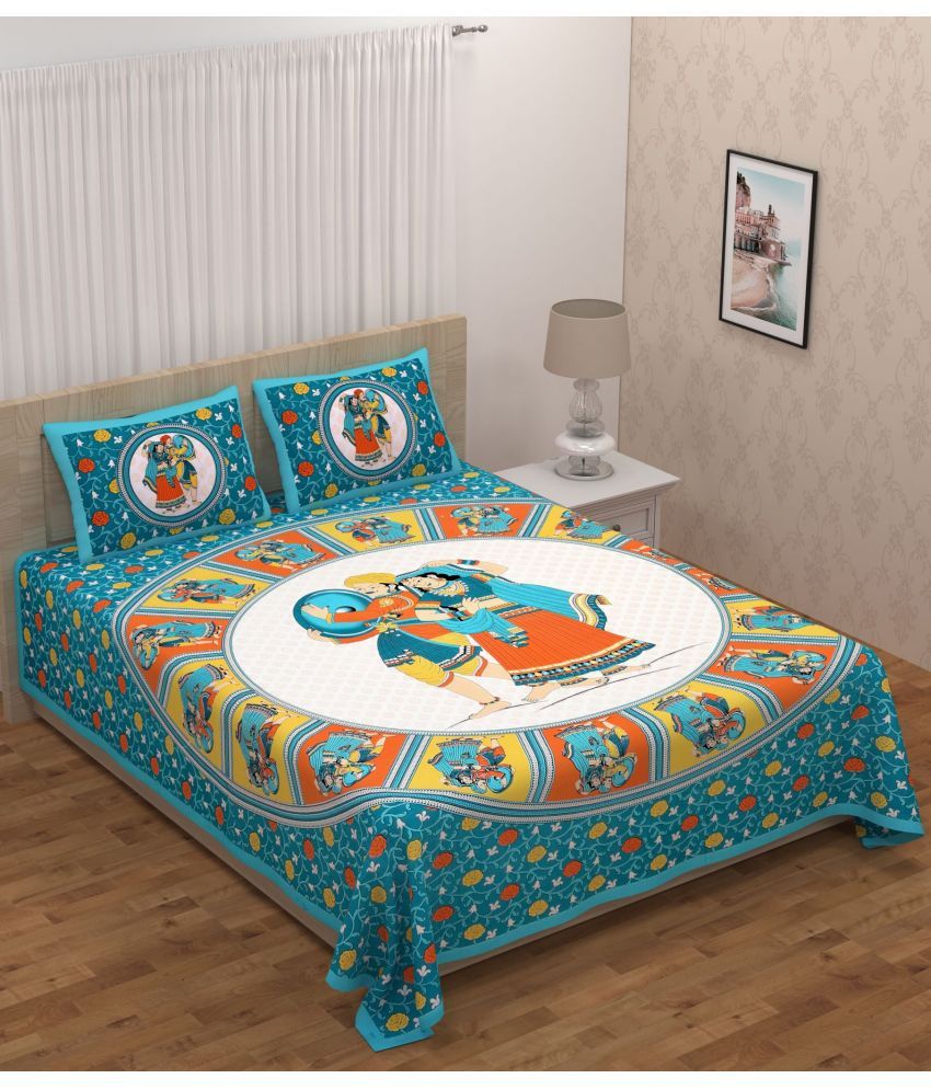     			Uniqchoice Cotton Floral Double Bedsheet with 2 Pillow Covers - Turquoise